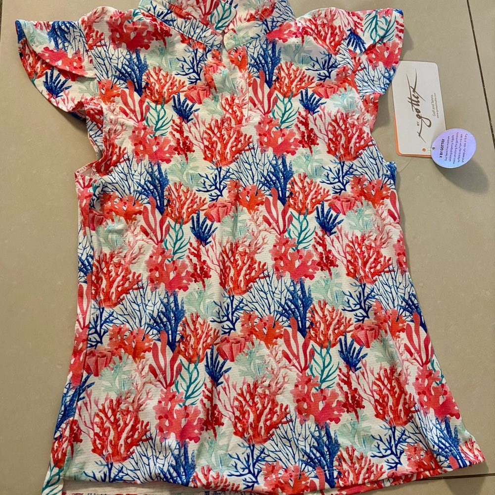 Gottex Coral & Blue Printed Flutter Sleeve Top
